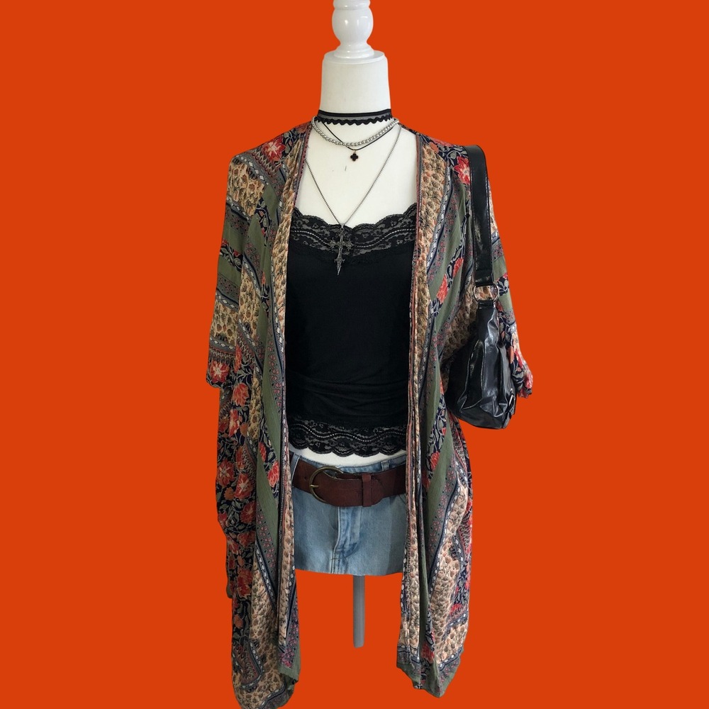 Angie Boho Open Front Kimono Cardigan Duster Womens S Paisley Floral Green Rust
